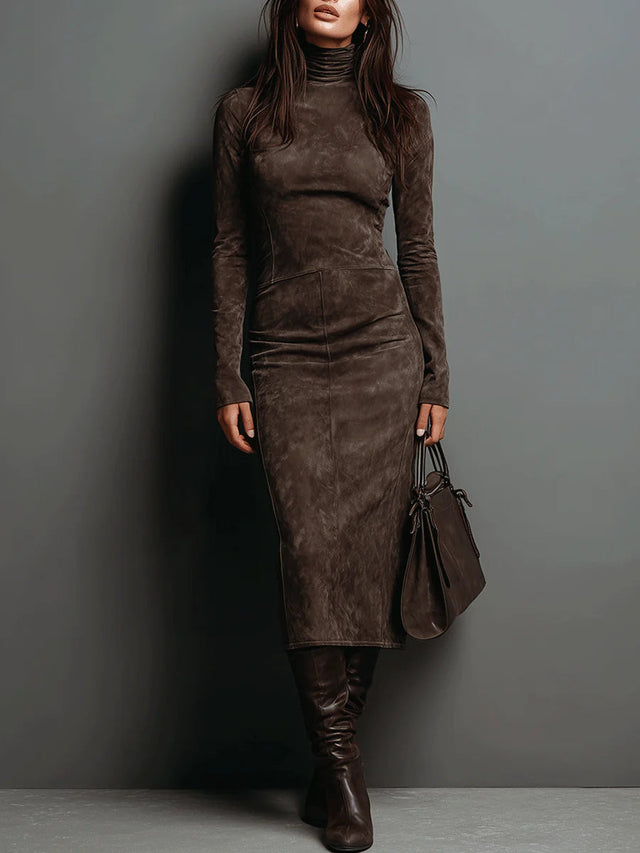 Seraphina High Neck Long Sleeve Suede Midi Dress