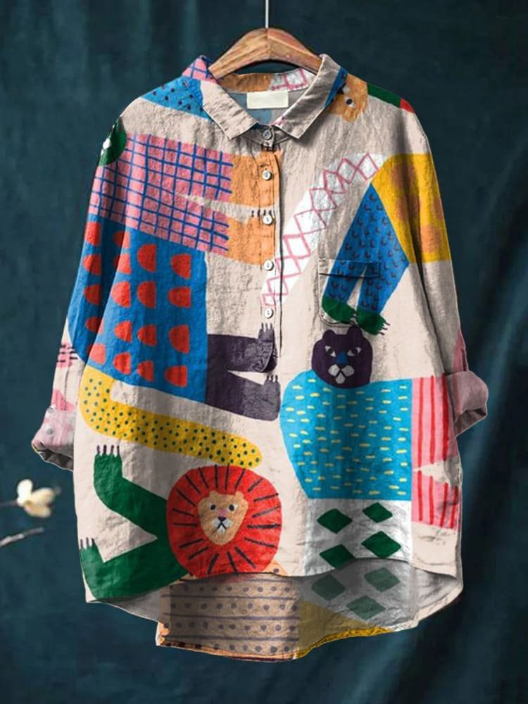 Women's Cartoon Colourful Animals Print Casual Cotton Shirt