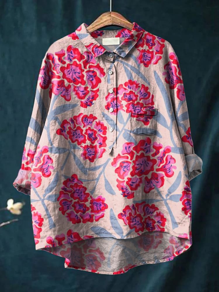 Women's Flower Art Print Casual Cotton Shirt