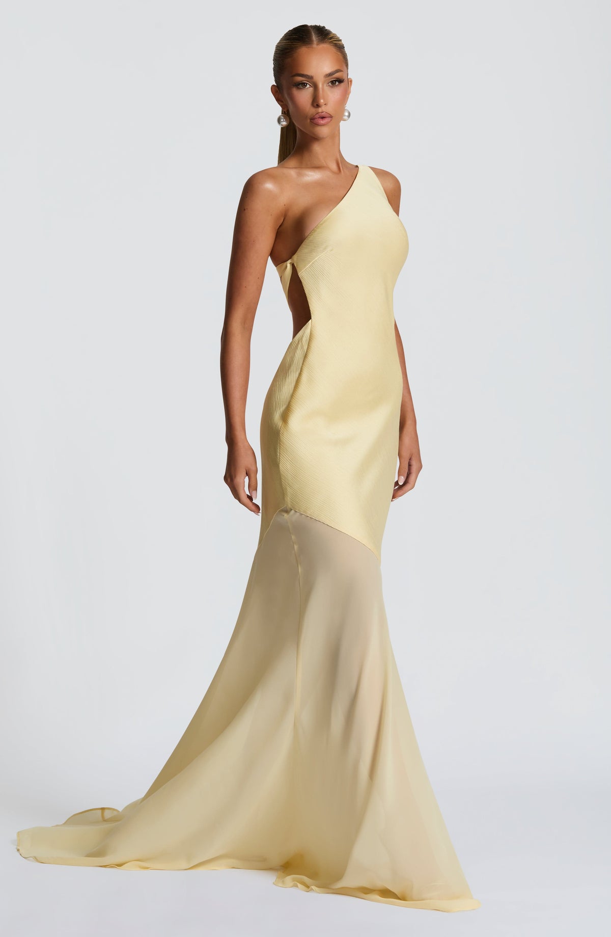 Solenara – One-Shoulder Mesh Evening Gown