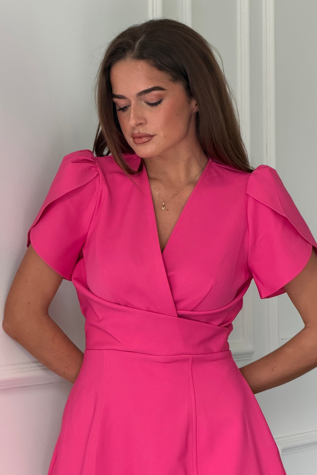 Bridget Twist Font Split Arm Mini Dress Fuschia