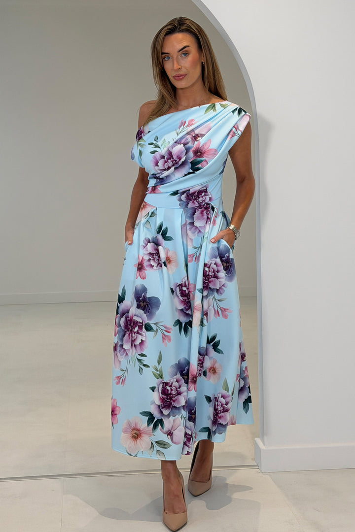 Betty Asymmetric Neckline Skater Midi Dress Blue Print
