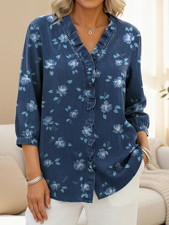 Women's Little Flowers Print Casual Ruffled Denim Shirt