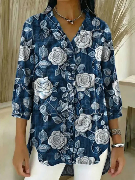 Women's Floral Pattern Art Print Casual Ruffled Denim Shirt