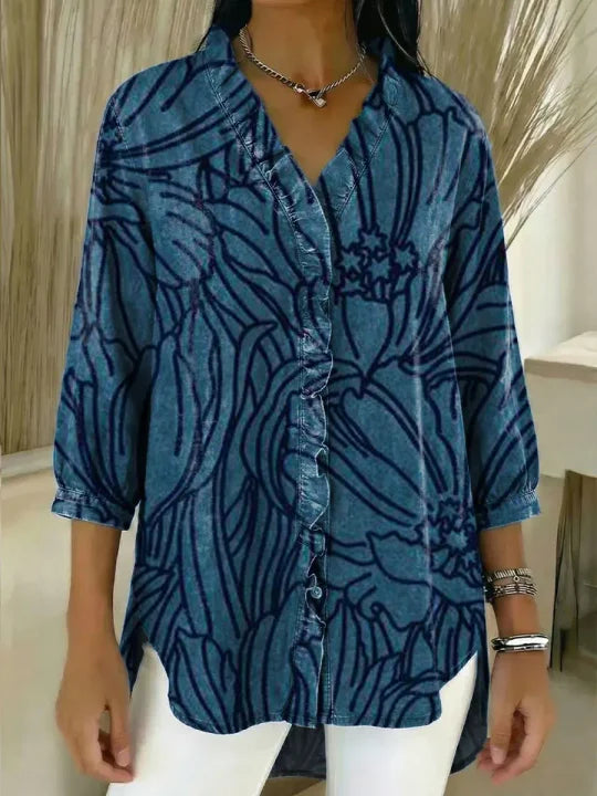 Women's Floral Pattern Art Print Casual Ruffled Denim Shirt