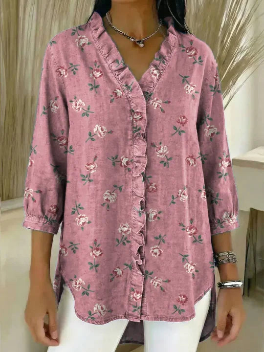 Women's Floral Pattern Art Print Casual Ruffled Denim Shirt