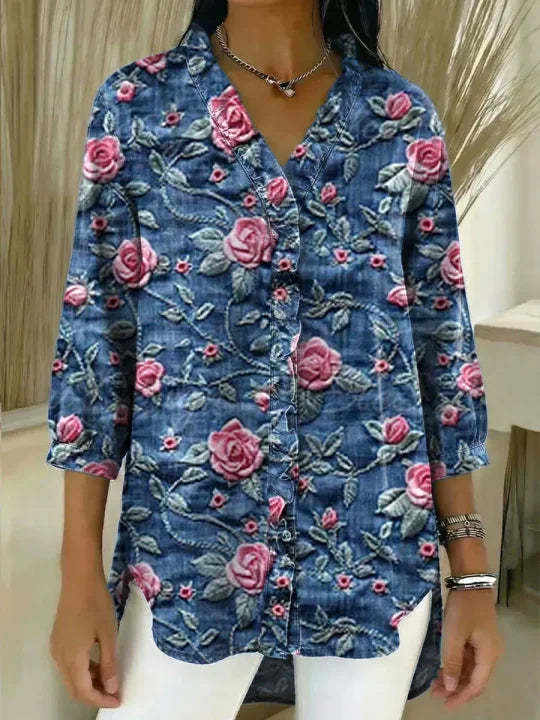 Women's Floral Pattern Art Print Casual Ruffled Denim Shirt