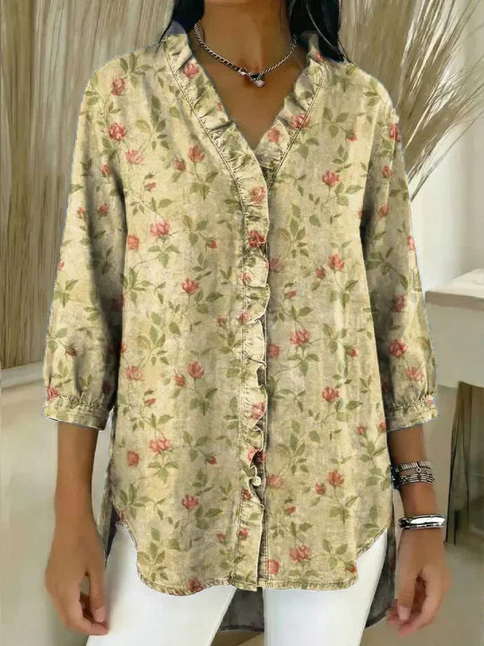 Women's Floral Pattern Art Print Casual Ruffled Denim Shirt