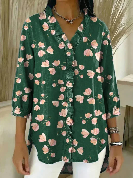 Women's Floral Pattern Art Print Casual Ruffled Denim Shirt