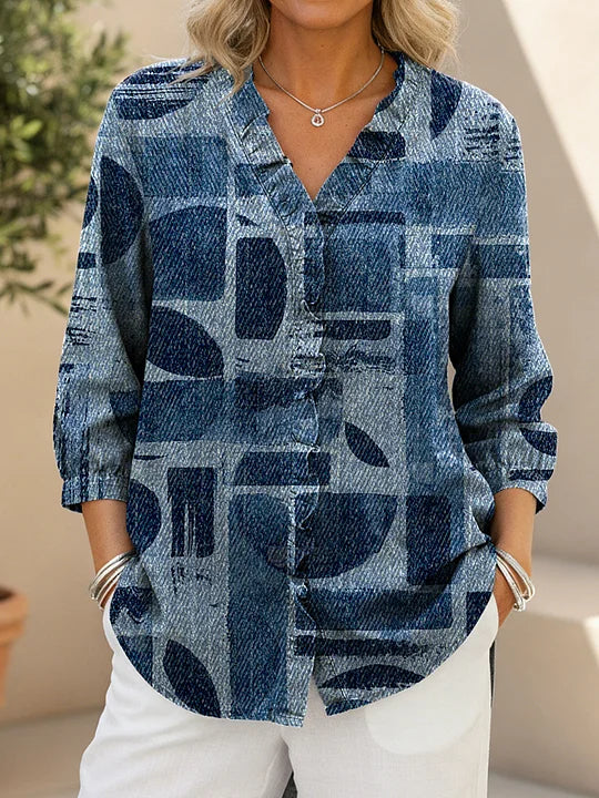 Women's Geometric Art Print Casual Ruffled Denim Shirt