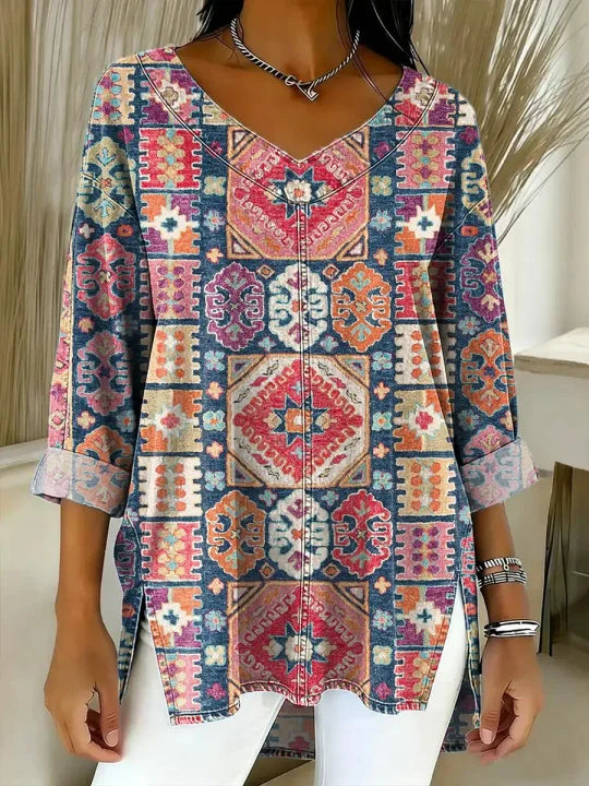 Women's Vintage Floral Pattern Art Print Casual Denim Shirt