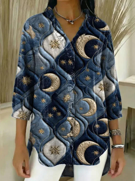 Women's Moon Pattern Art Print Casual Ruffled Denim Shirt