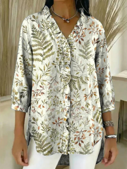Women's Floral Pattern Art Print Casual Ruffled Denim Shirt