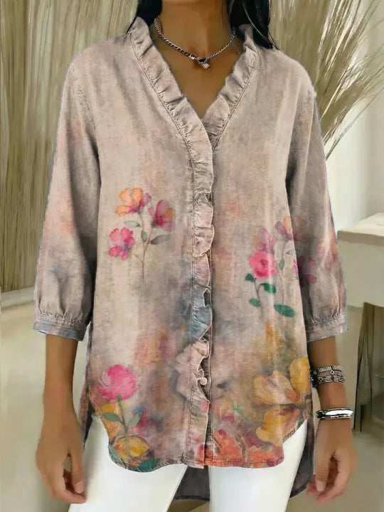 Women's Floral Pattern Art Print Casual Ruffled Denim Shirt