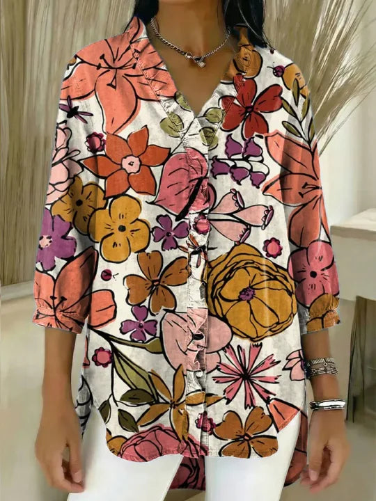 Women's Floral Pattern Art Print Casual Ruffled Denim Shirt
