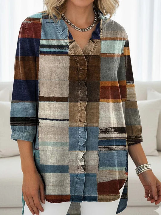 Women's Vintage Patchwork Plaid Print Casual Ruffled Denim Shirt