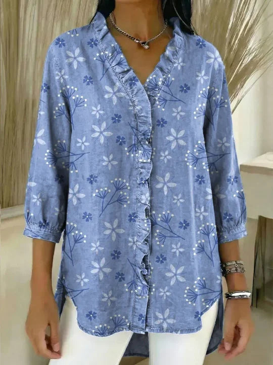 Women's Floral Pattern Art Print Casual Ruffled Denim Shirt