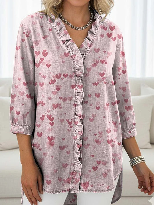 Women's Pink Little Heart Print Casual Ruffled Denim Shirt