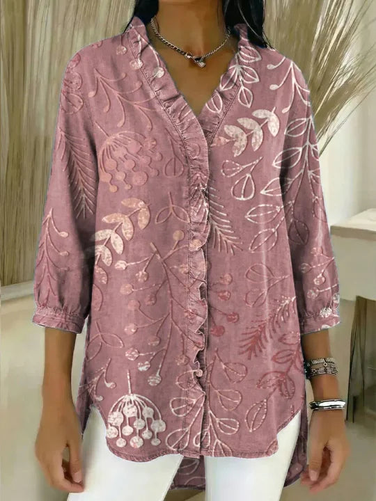 Women's Floral Pattern Art Print Casual Ruffled Denim Shirt