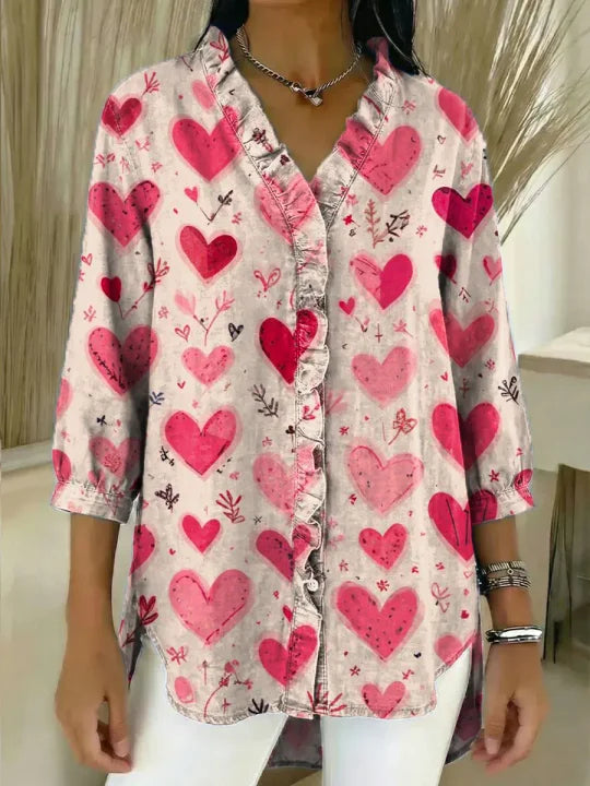 Women's Love Hearts Pattern Art Print Casual Ruffled Denim Shirt