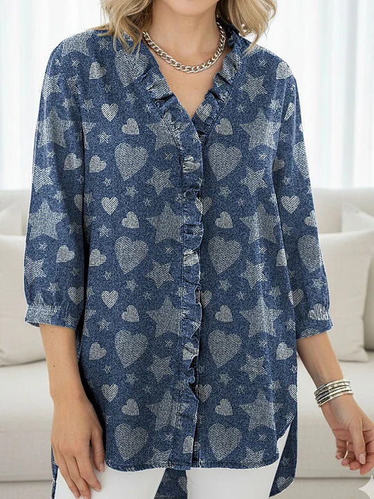 Women's Heart Stars Art Print Casual Ruffled Denim Shirt