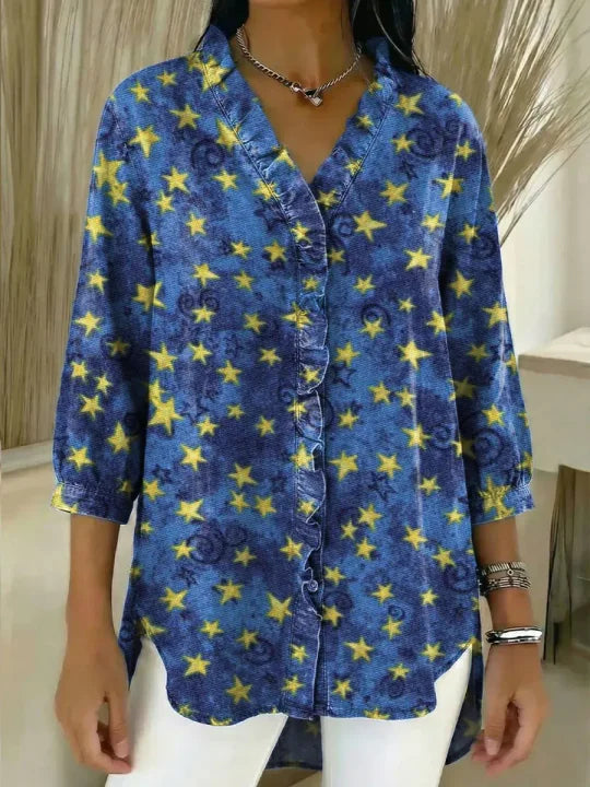 Women's Stars Pattern Art Print Casual Ruffled Denim Shirt