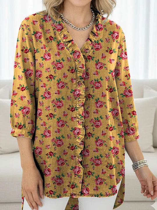 Women's Small Floral Print Casual Ruffled Denim Shirt
