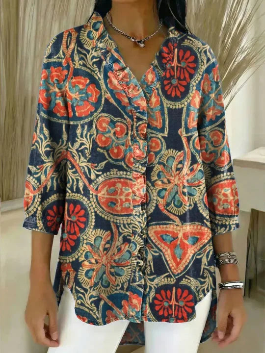 Women's Vintage Floral Pattern Art Print Casual Ruffled Denim Shirt