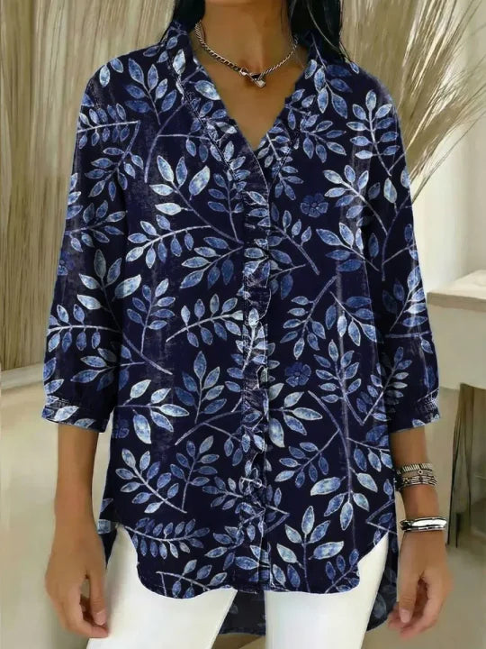 Women's Vintage Floral Pattern Art Print Casual Ruffled Denim Shirt