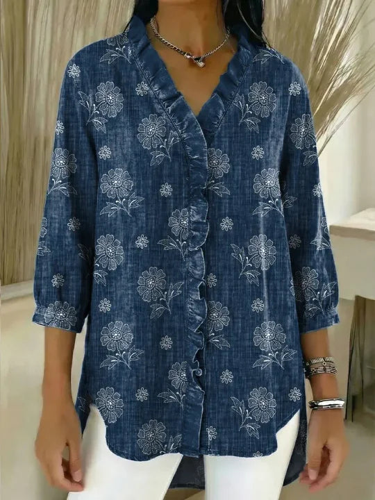 Women's Vintage Floral Pattern Art Print Casual Ruffled Denim Shirt