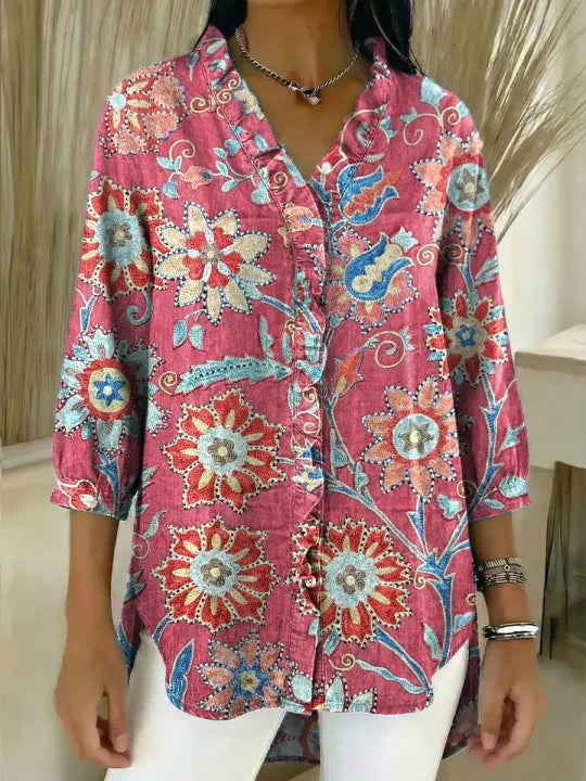 Women's Vintage Floral Pattern Art Print Casual Ruffled Denim Shirt
