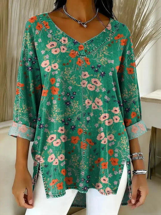 Women's Vintage Floral Pattern Art Print Casual Denim Shirt