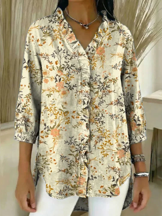 Women's Vintage Floral Pattern Art Print Casual Ruffled Denim Shirt