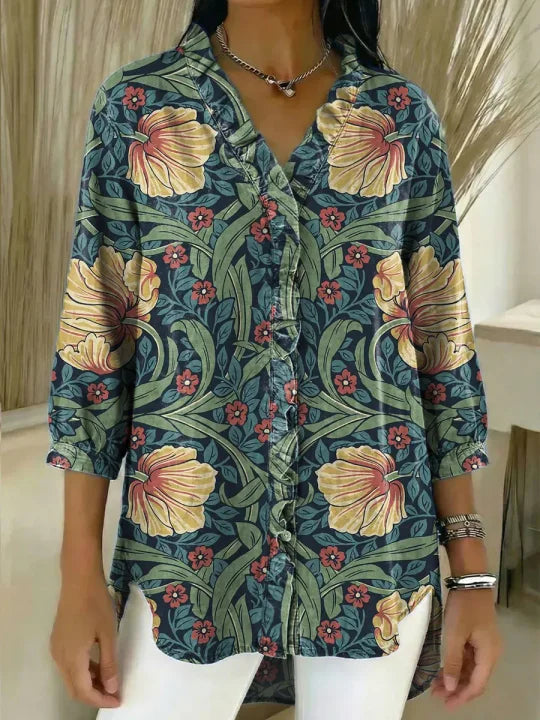 Women's Vintage Floral Pattern Art Print Casual Ruffled Denim Shirt