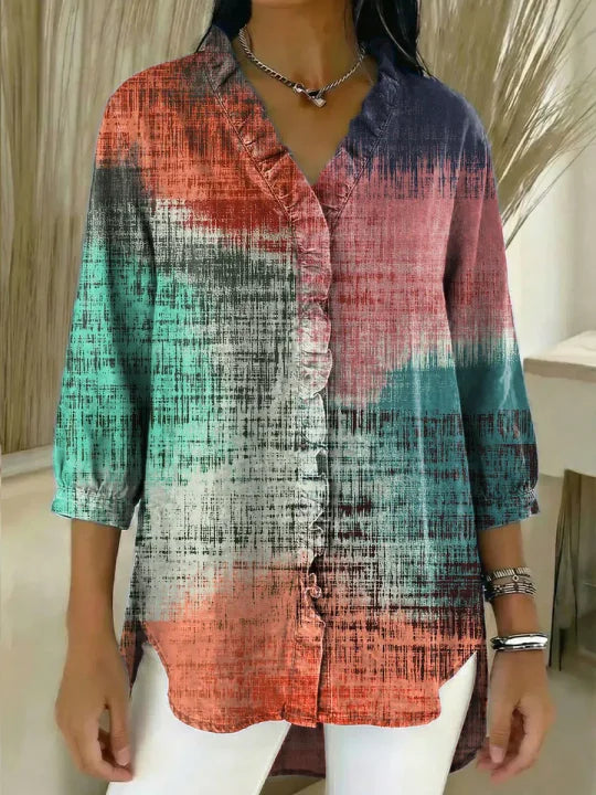 Women's Gradient Pattern Art Print Casual Ruffled Denim Shirt