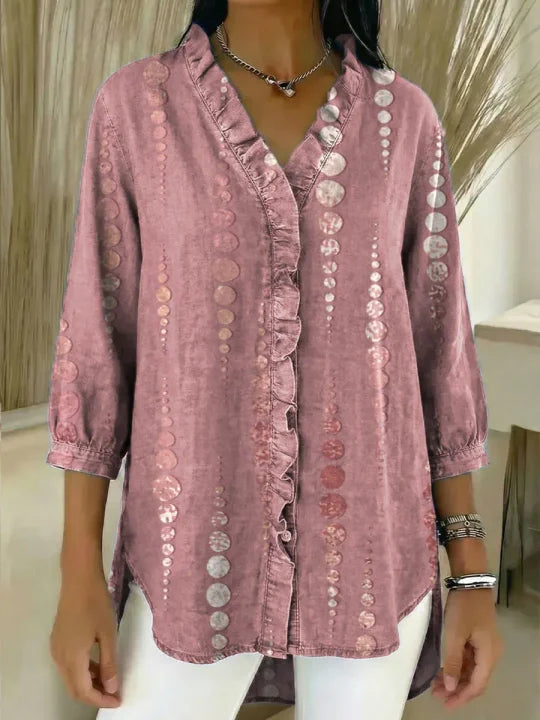 Women's Abstract Pattern Art Print Casual Ruffled Denim Shirt