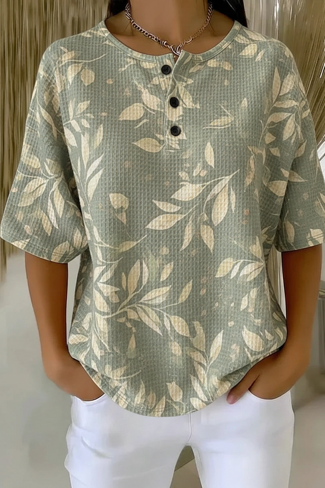 Womens Sage Leaf Print Button Detail Waffle Knit Short Sleeve Top