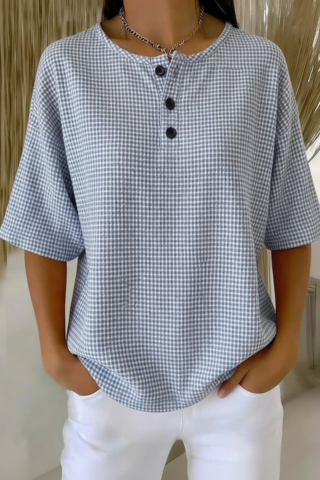 Womens Gray Gingham Button Detail Waffle Knit Short Sleeve Top