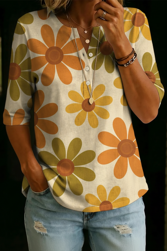 Women’s Retro Daisy Print Half Sleeve Henley Cotton Blend Top