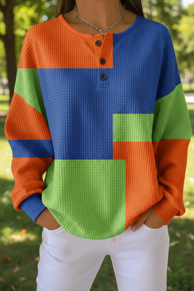 Women's Gradient Pattern Art Print Casual Waffle Sweatshirt