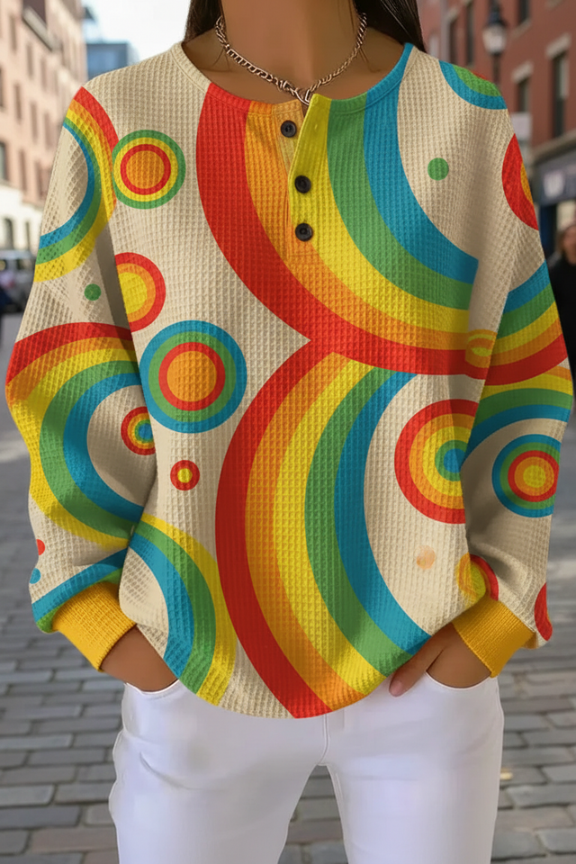 Women's Gradient Pattern Art Print Casual Waffle Sweatshirt
