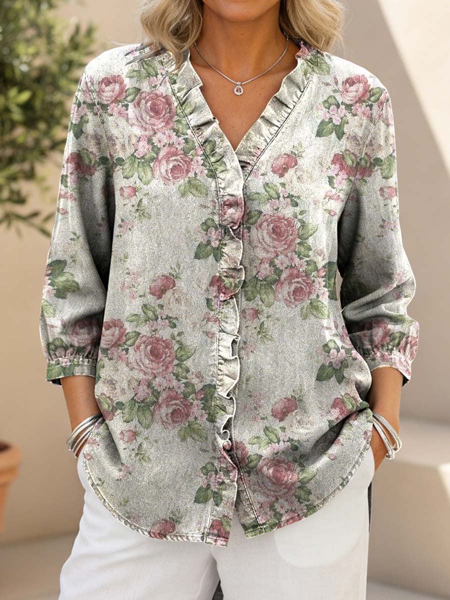 Women's Vintage Flowers Print Casual Ruffled Denim Shirt
