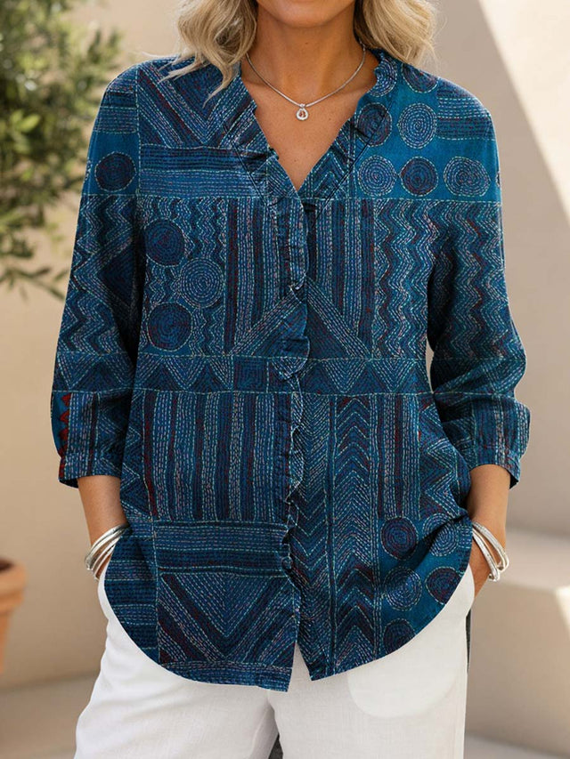 Women's Vintage Pattern Print Casual Ruffled Denim Shirt