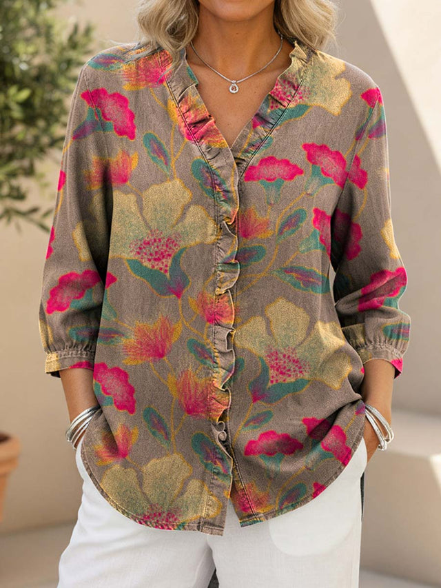 Women's Vintage Ethnic Style Flowers Print Casual Ruffled Denim Shirt