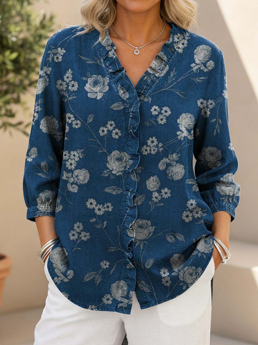 Women's Vintage Flower Print Casual Ruffled Denim Shirt