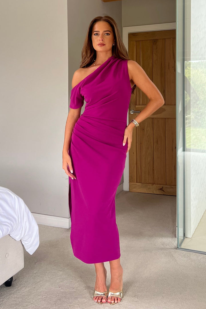 Donna Asymmetric Neckline Midi Dress Dark Fuchsia