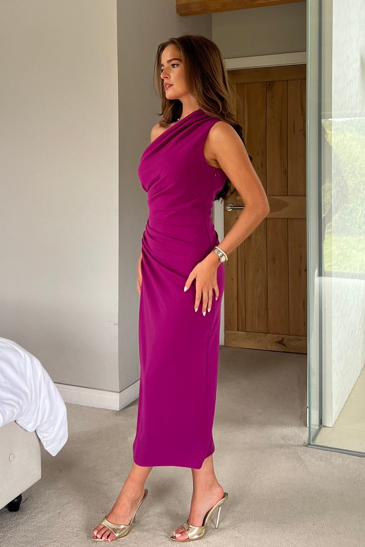 Donna Asymmetric Neckline Midi Dress Dark Fuchsia