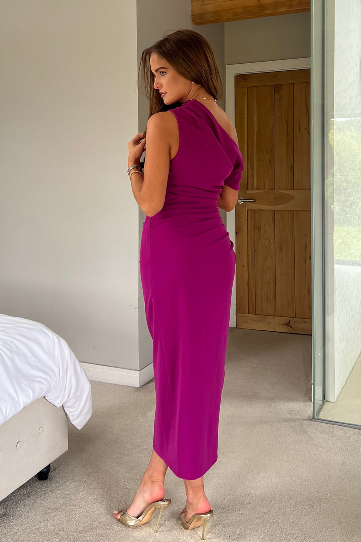 Donna Asymmetric Neckline Midi Dress Dark Fuchsia