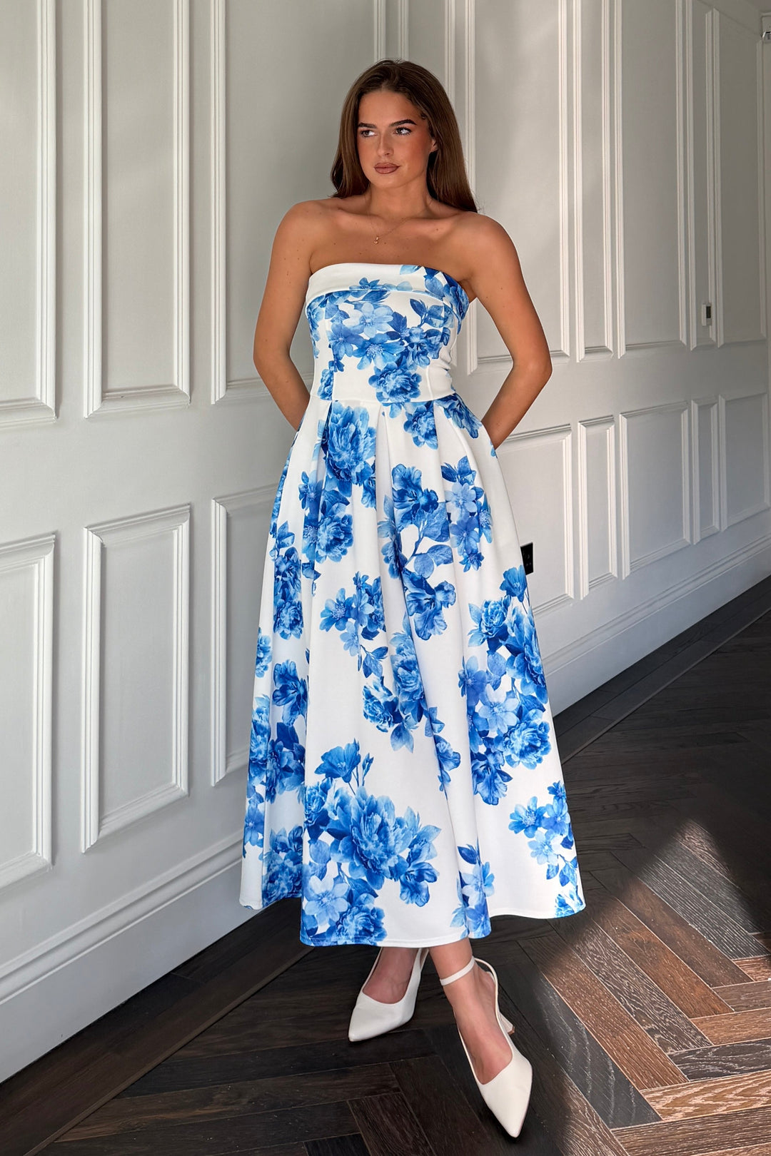 Danni Strapless Bandeau Midi Dress  Blue Floral