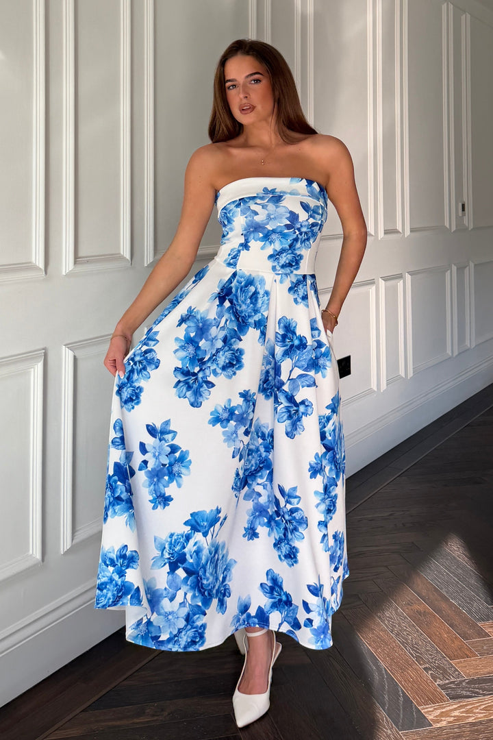 Danni Strapless Bandeau Midi Dress  Blue Floral